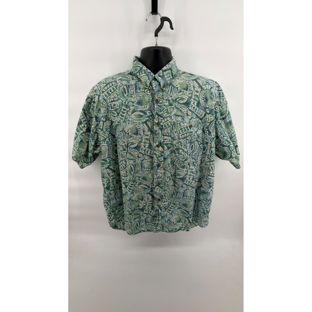 Vtg 90s Chaps‎ Ralph Lauren Fish Print Button Up Shirt Mens XL Cotton Geometric